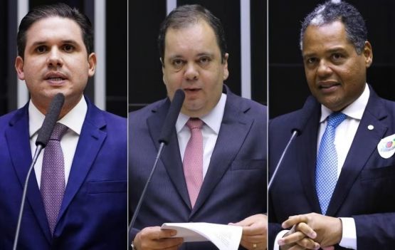 Hugo Motta, Elmar Nascimento e Antonio Brito. Fotos de Pablo Valadares, Michel Jesus e Vinicius Loures/Câmara dos Deputados